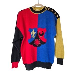 Vintage Lambswool Angora Colorblock Heraldic Sweater Made In Hong Kong